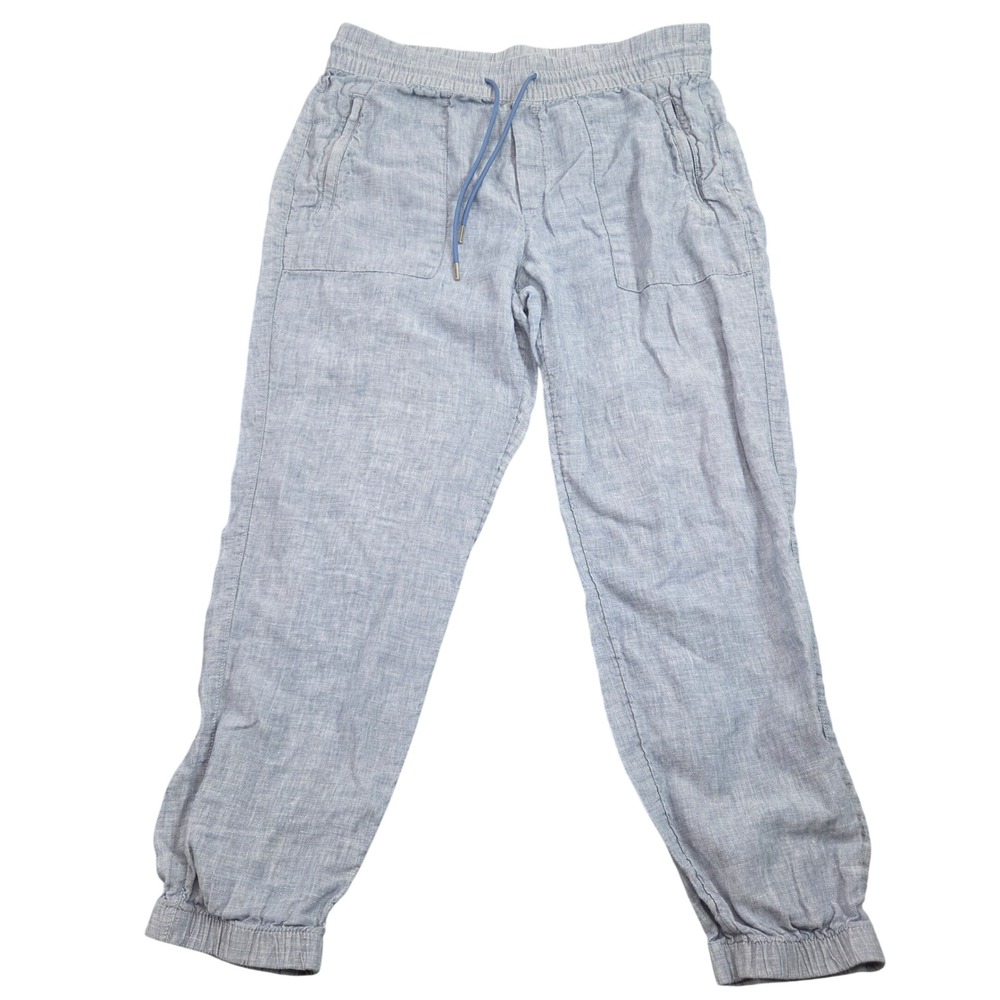 Athleta Linen Joggers Womens 10 Blue Drawstring Casual Beach Travel Pants Resort
